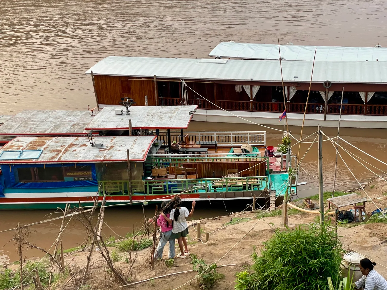 Farms and boats along the Mekong River in Laos
