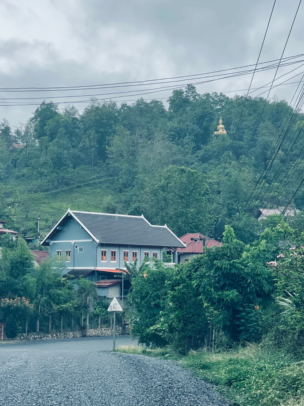A small Laotian village with a Buddha statue in the jungle along the roadway