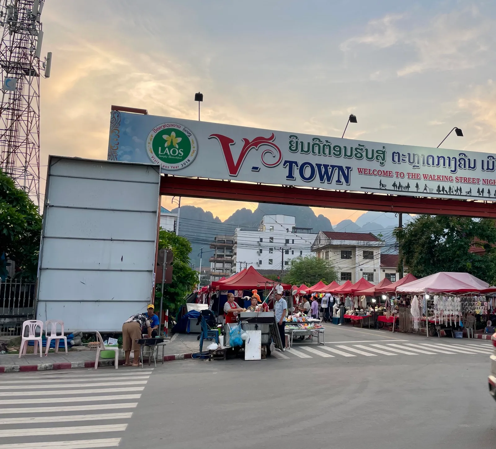 The start of the walking street night market in Vang Vieng Laos